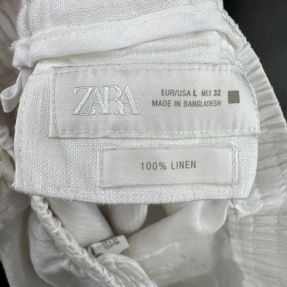 Zara 100% linen white pants tapered leg coastal grandma natural boho casual‎ L